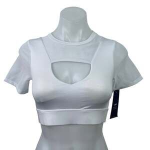 NEW J. Ing Women's White Short Sleeve Cutout Mesh Crew Neck Crop Top Size XS